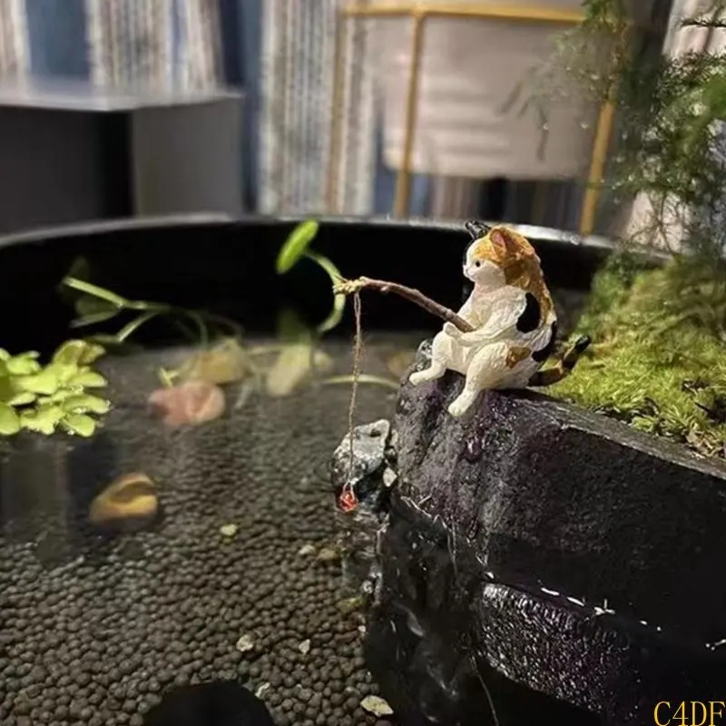 Fishing Cat Ornaments Fish Tank Landscaping Aquarium Decoration Mini Cat Statue Fish Tank Accessories Household Supplies