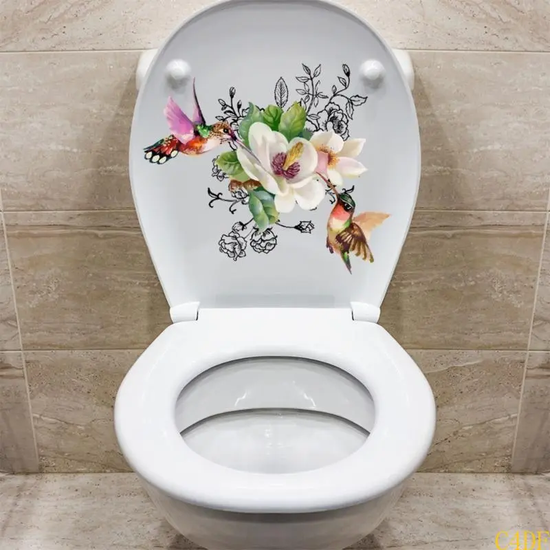Waterproof PVC Toilet Lid Decal Stylish Strong Adhesive Flower and Bird Sticker Decorative Bathroom Accessories