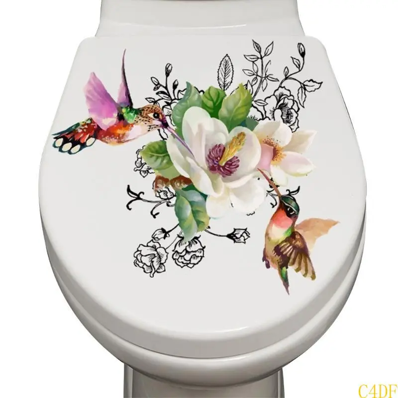 Waterproof PVC Toilet Lid Decal Stylish Strong Adhesive Flower and Bird Sticker Decorative Bathroom Accessories