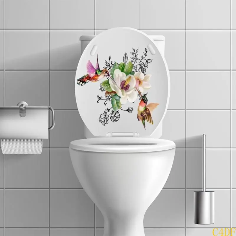 Waterproof PVC Toilet Lid Decal Stylish Strong Adhesive Flower and Bird Sticker Decorative Bathroom Accessories