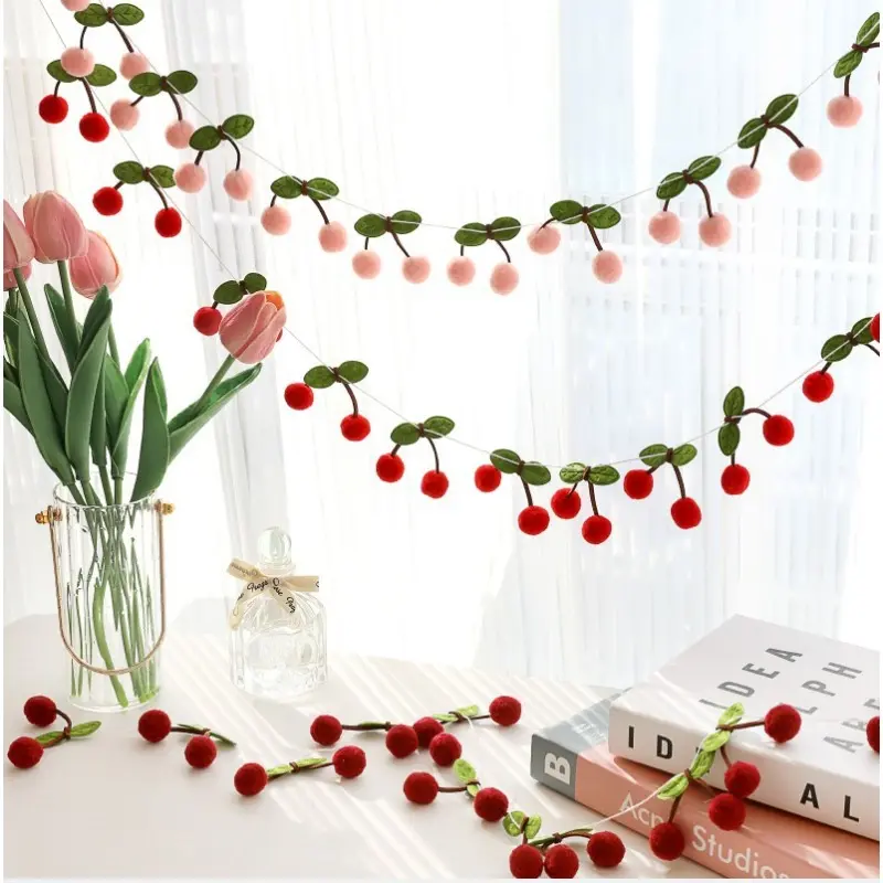 Simulated Cherry Wool Ball Flower Banner Room Bedroom Wall Hanging Decoration Wedding Happy Girl Birthday Garlands