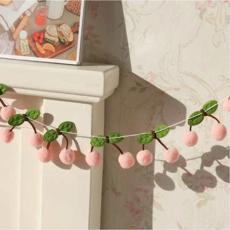 Simulated Cherry Wool Ball Flower Banner Room Bedroom Wall Hanging Decoration Wedding Happy Girl Birthday Garlands