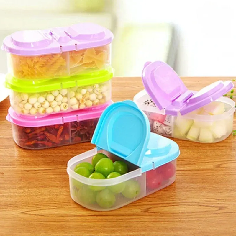 2In1 Food Storage Box Double Compartment Lid Food Sealing Jar Storage Box Kitchen Refrigerator Plastic Dried Fruit Storage Box