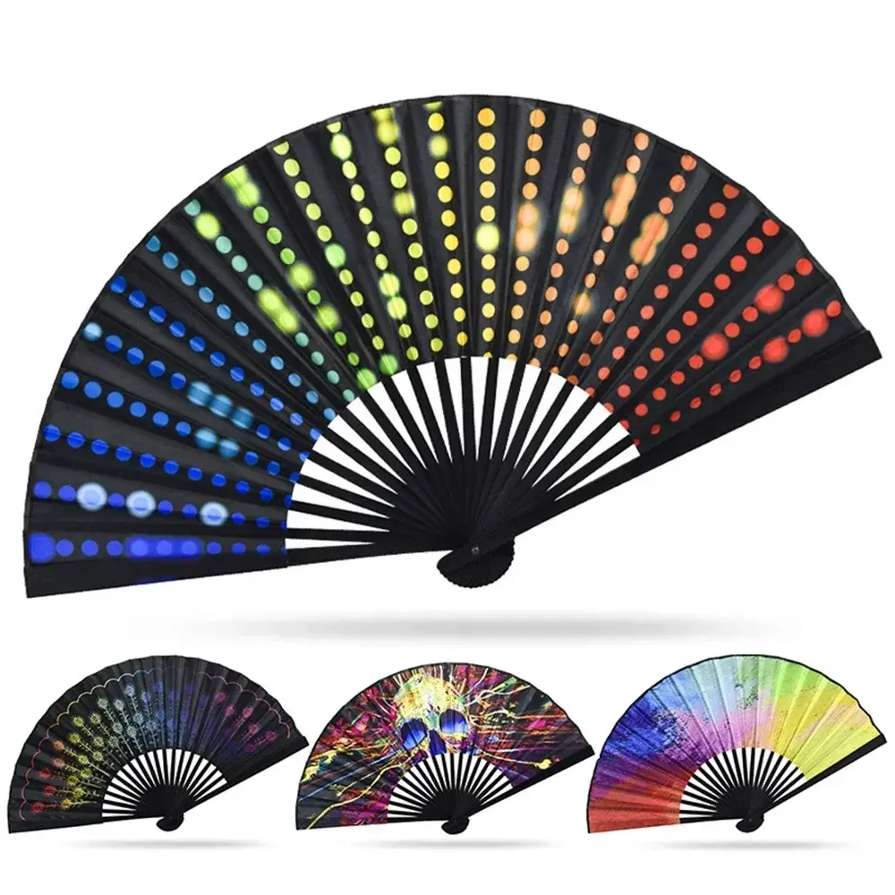 23cm Large Folding Hand Rave Fan Chinease/Japanese Dot Rainbow Print Foldable Fan Music Festival Fan Dance Gifts
