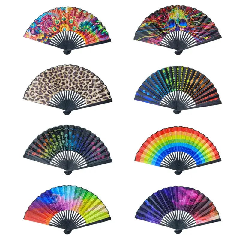 23cm Large Folding Hand Rave Fan Chinease/Japanese Dot Rainbow Print Foldable Fan Music Festival Fan Dance Gifts