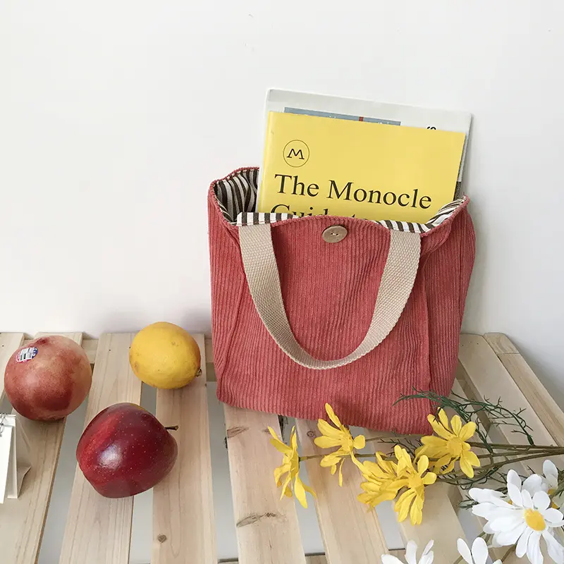 Lunch Bag Corduroy Canvas Lunch Box Picnic Tote Cotton Cloth Small Handbag Pouch Dinner Container Food Storage Bags for Ladies