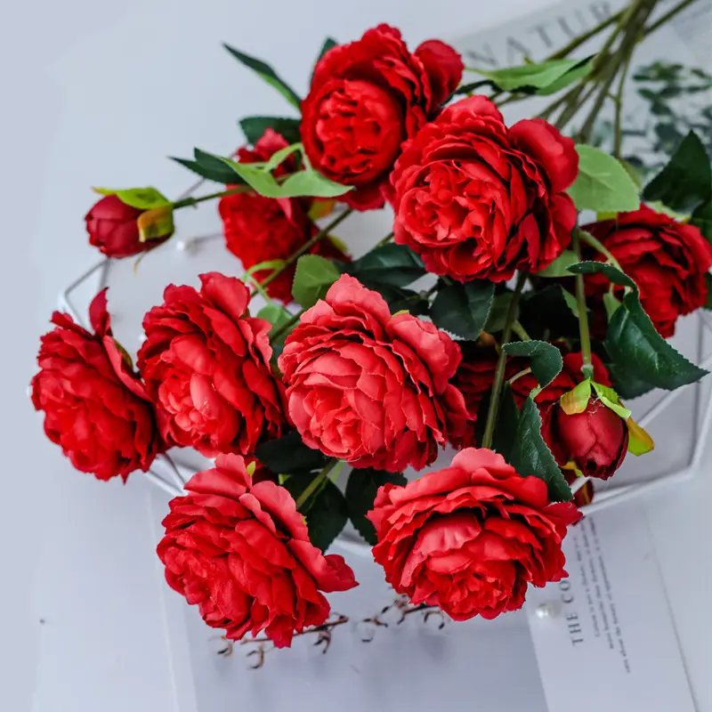 3 Heads Flannel Hand Feel Pearl Rose Artificial Flower Bridal Bouquet Wedding Party Floral Arrangement Home Valentine's Day Gift