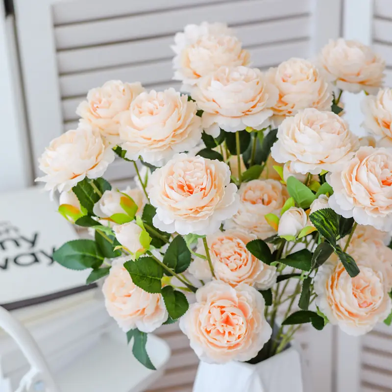 3 Heads Flannel Hand Feel Pearl Rose Artificial Flower Bridal Bouquet Wedding Party Floral Arrangement Home Valentine's Day Gift