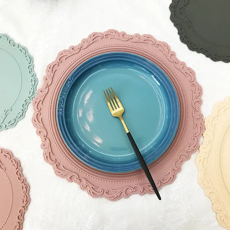 34CM Silicone Placemat Round Flower Coffee Dinner Table Mat Embossed Pink Coaster Heat Resistant Kitchen Tableware Dining Mat