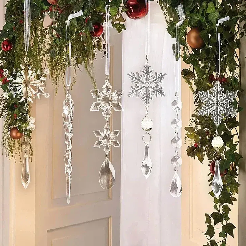 10Pcs Acrylic Snowflake Simulation Ice Pendants Xmas Tree Hanging Ornament 2024 Christmas Home Decorations New Year Gift 2025