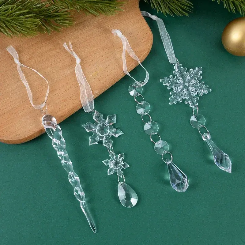 10Pcs Acrylic Snowflake Simulation Ice Pendants Xmas Tree Hanging Ornament 2024 Christmas Home Decorations New Year Gift 2025
