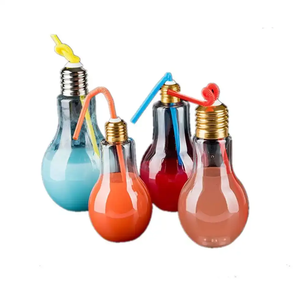 1pc Creative Bulb Water Bottle Brief Fashion Cute Milk Juice Light Bulb Shape Cup 100/200/300/400/500ml Party Plastic Bottle