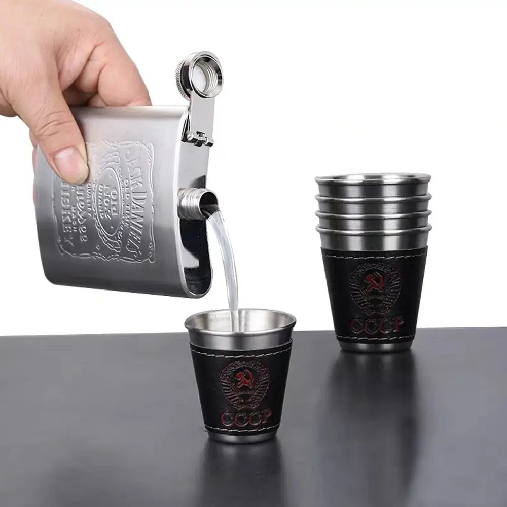 4Pcs/lot 30ml Camping Cup Outdoor Tableware Travel Cups Water Mugs Stainless Steel Wine Beer Cup PU Leather Picnic Hiking Beach