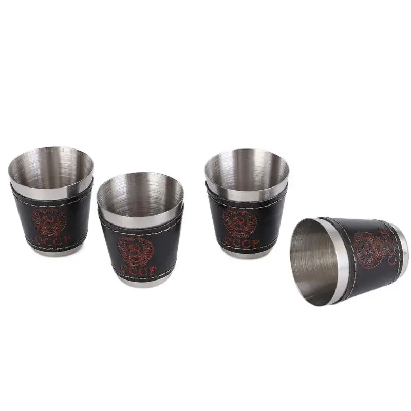 4Pcs/lot 30ml Camping Cup Outdoor Tableware Travel Cups Water Mugs Stainless Steel Wine Beer Cup PU Leather Picnic Hiking Beach