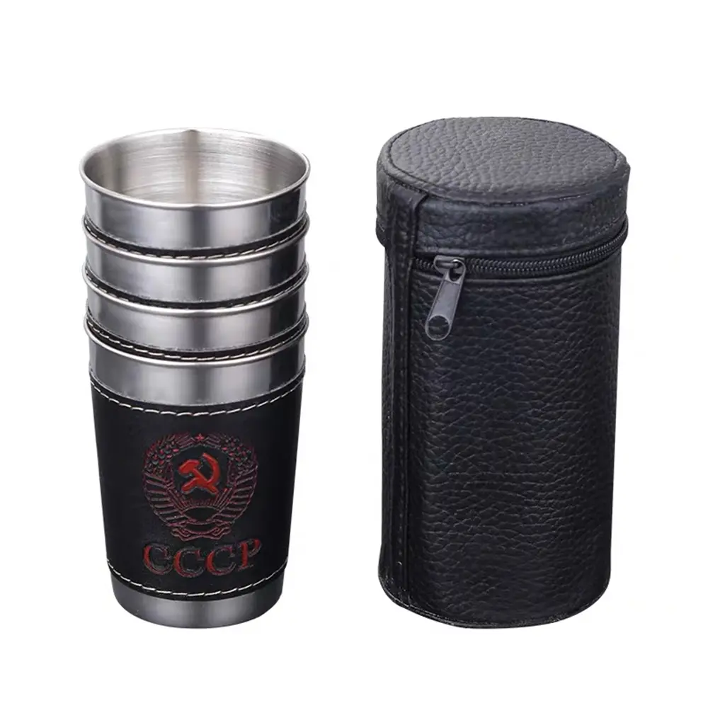 4Pcs/lot 30ml Camping Cup Outdoor Tableware Travel Cups Water Mugs Stainless Steel Wine Beer Cup PU Leather Picnic Hiking Beach