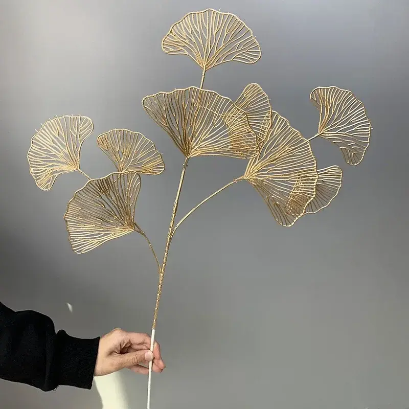 1 Stick Gold Simulated Ginkgo Leaf Dried Flowers 3 Prongs Artificial Plastic Leaves for Home Room Wedding Decoration