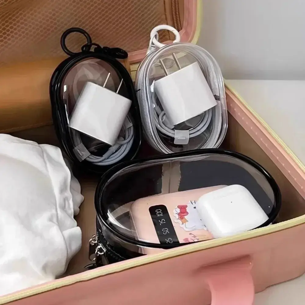Portable Mini Transparent Storage Bag with Zipper, Multifunctional Headphone and Charger Case, Travel Accessories with Keychain