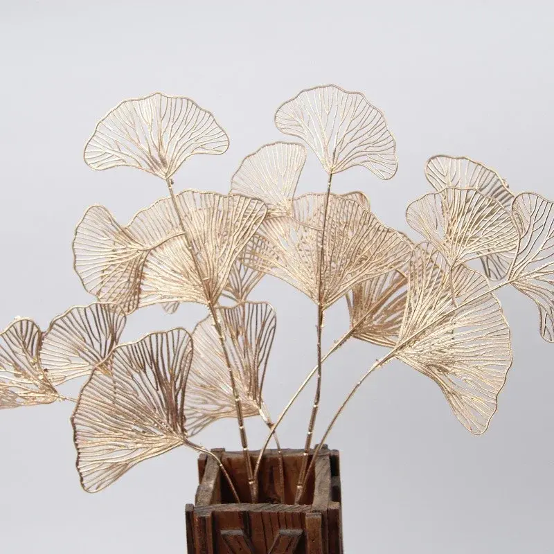 1 Stick Gold Simulated Ginkgo Leaf Dried Flowers 3 Prongs Artificial Plastic Leaves for Home Room Wedding Decoration