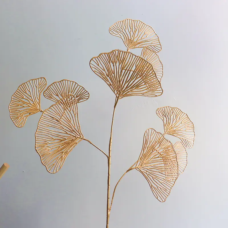 1 Stick Gold Simulated Ginkgo Leaf Dried Flowers 3 Prongs Artificial Plastic Leaves for Home Room Wedding Decoration