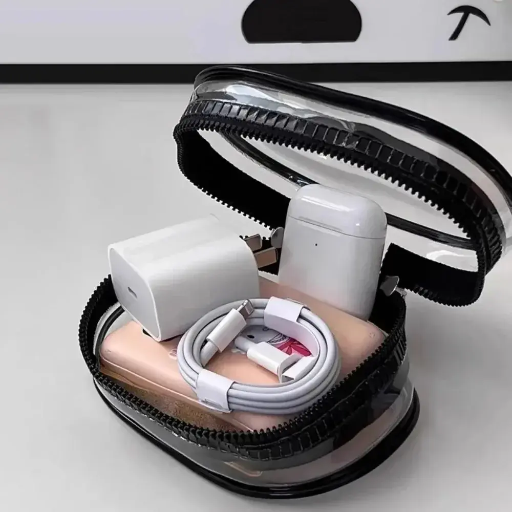Portable Mini Transparent Storage Bag with Zipper, Multifunctional Headphone and Charger Case, Travel Accessories with Keychain