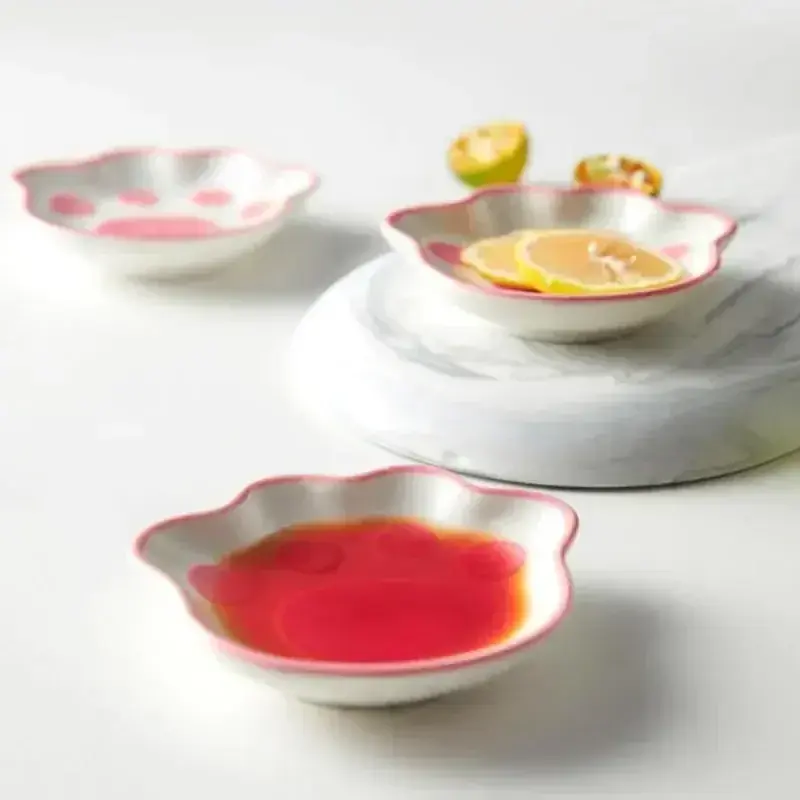 2023 Japanese Cute Cat's Paw Taste Dish Ceramic Cartoon Dessert Plate Soy Fruit Sauce Dish Seasoning Bowl Household Dip Dishes