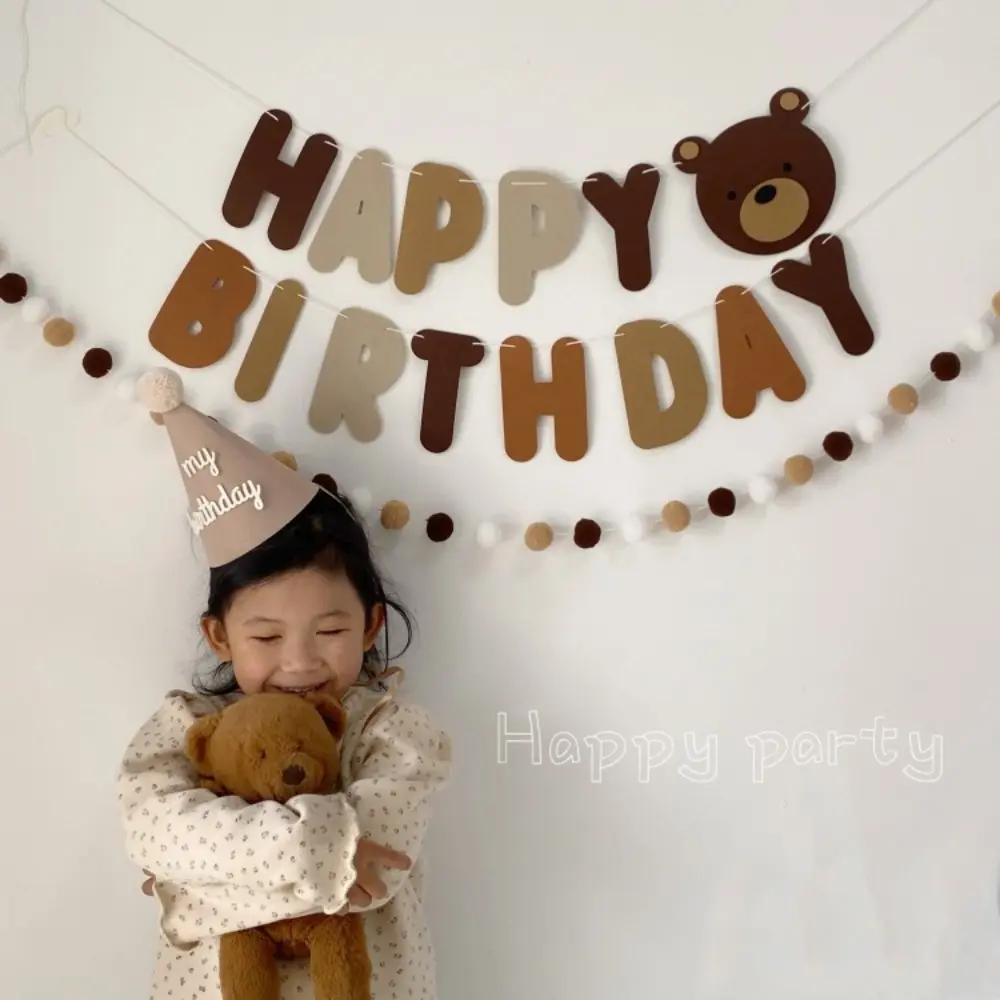 Lovely Brown Teddy Bear Flag Decoration set Non-woven Fabric Happy Birthday Letter Party Banner Baby Shower party decor