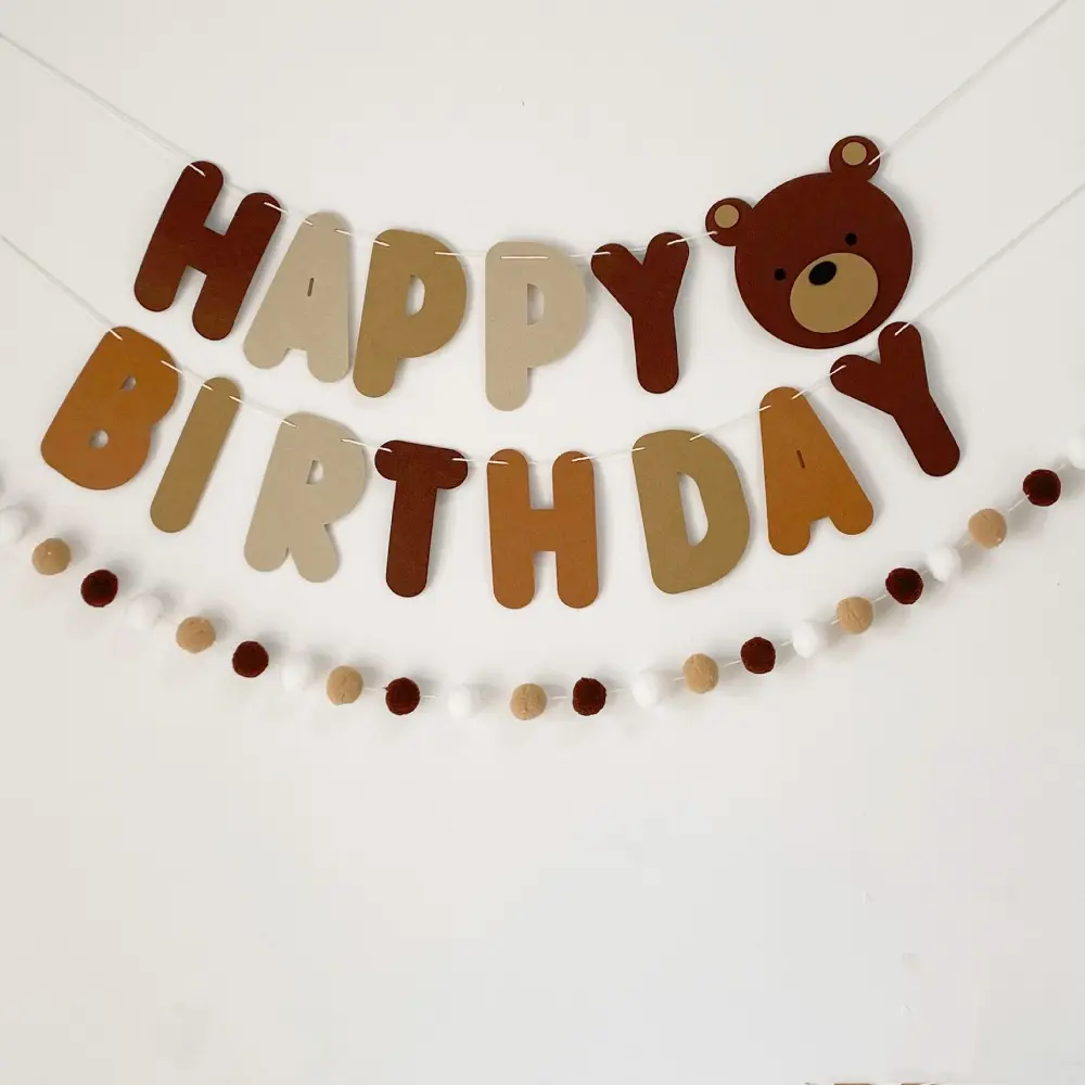 Lovely Brown Teddy Bear Flag Decoration set Non-woven Fabric Happy Birthday Letter Party Banner Baby Shower party decor
