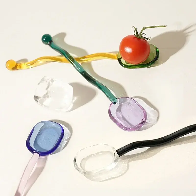 1Pc Creative Glass Milk Spoons Colored Transparent Coffee Dessert Stirring Spoon Long Handle Spoon Kitchen Tableware