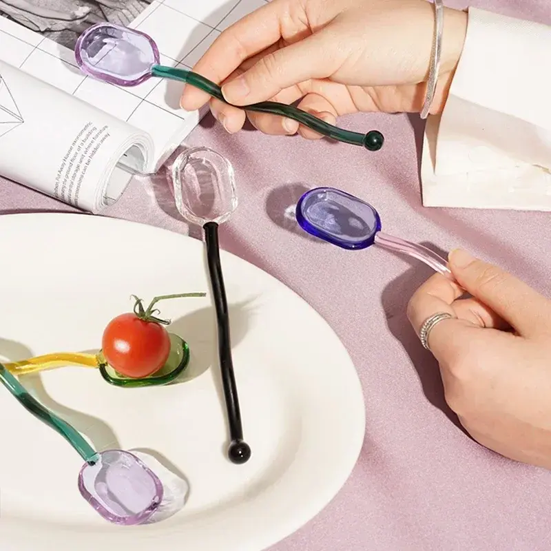 1Pc Creative Glass Milk Spoons Colored Transparent Coffee Dessert Stirring Spoon Long Handle Spoon Kitchen Tableware
