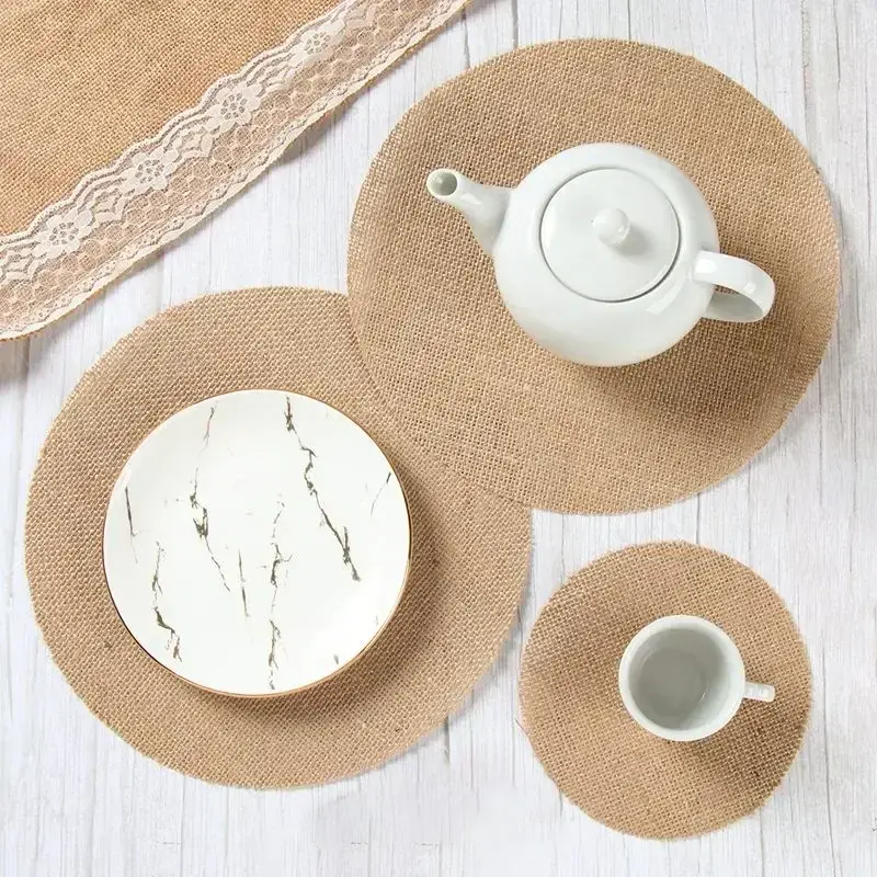 10pcs Round Linen Jute Burlap Table Placemat Table Mat for Dinner Table Tea Cup Plates Mat for Home Wedding Birthday Party Decor
