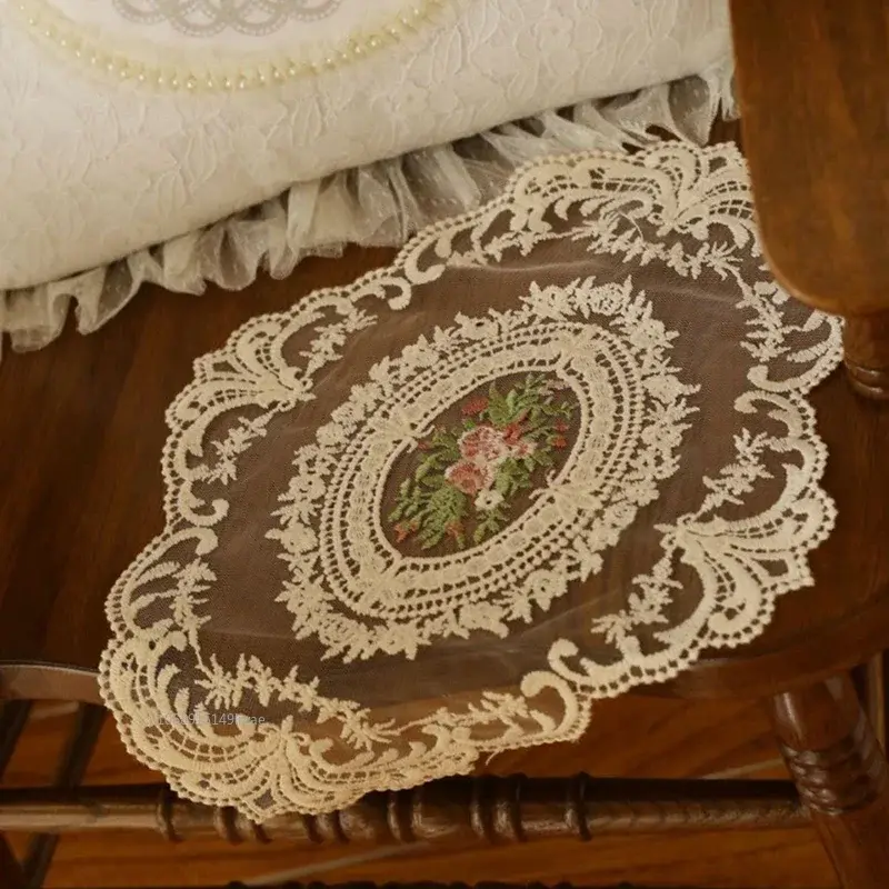 1PC European Oval Lace Embroidery Placemat Bedroom Study Kitchen Cup Table Mat Food Fruit Plate Cover Cloth Decoration