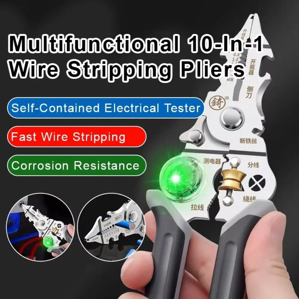 10 IN 1 Wire Stripper Pulling Wires Foldable Cable Electrician Stripper Durable Cutting Function Electricity Measurement Plier
