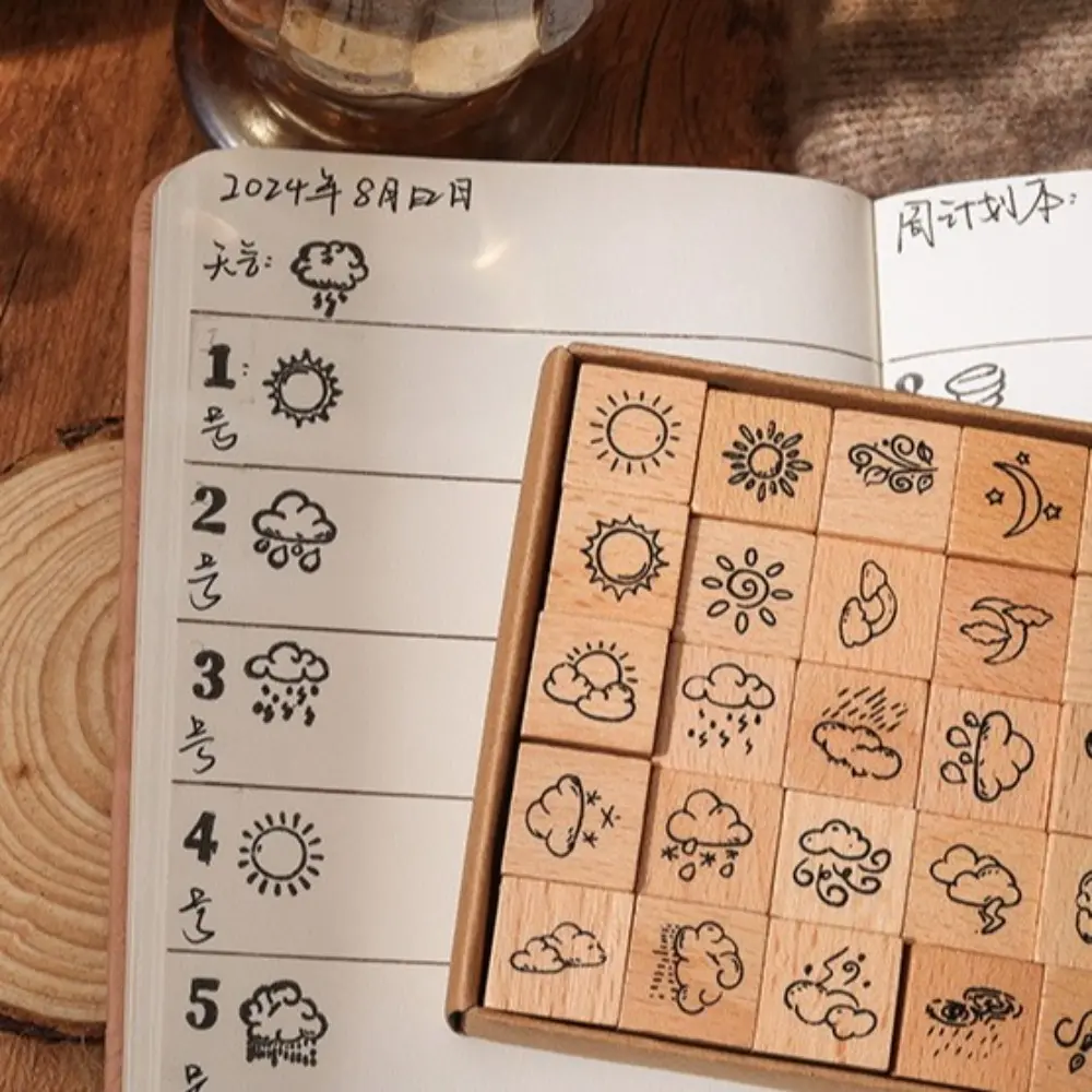 25pcs Flower Themed Stamps Set Cute Expressions Weather Wood Rubber Stamp DIY Craft Cartoon Mini Wooden Stamps