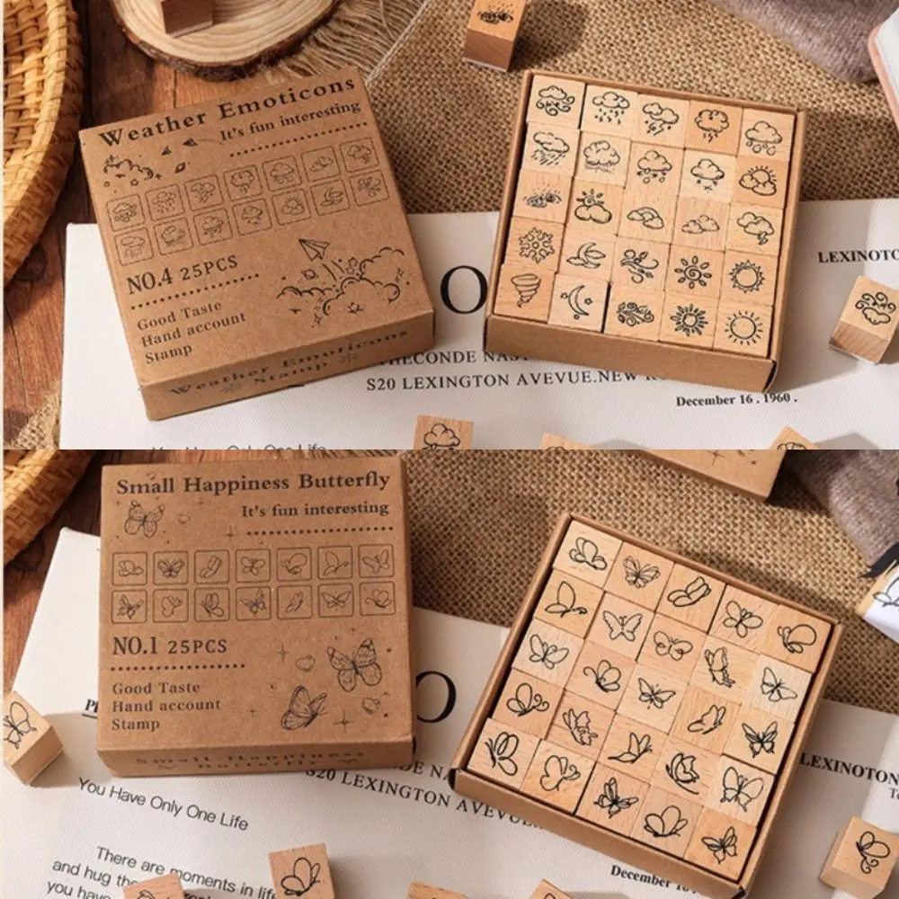 25pcs Flower Themed Stamps Set Cute Expressions Weather Wood Rubber Stamp DIY Craft Cartoon Mini Wooden Stamps