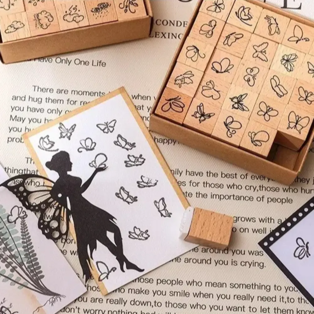 25pcs Flower Themed Stamps Set Cute Expressions Weather Wood Rubber Stamp DIY Craft Cartoon Mini Wooden Stamps