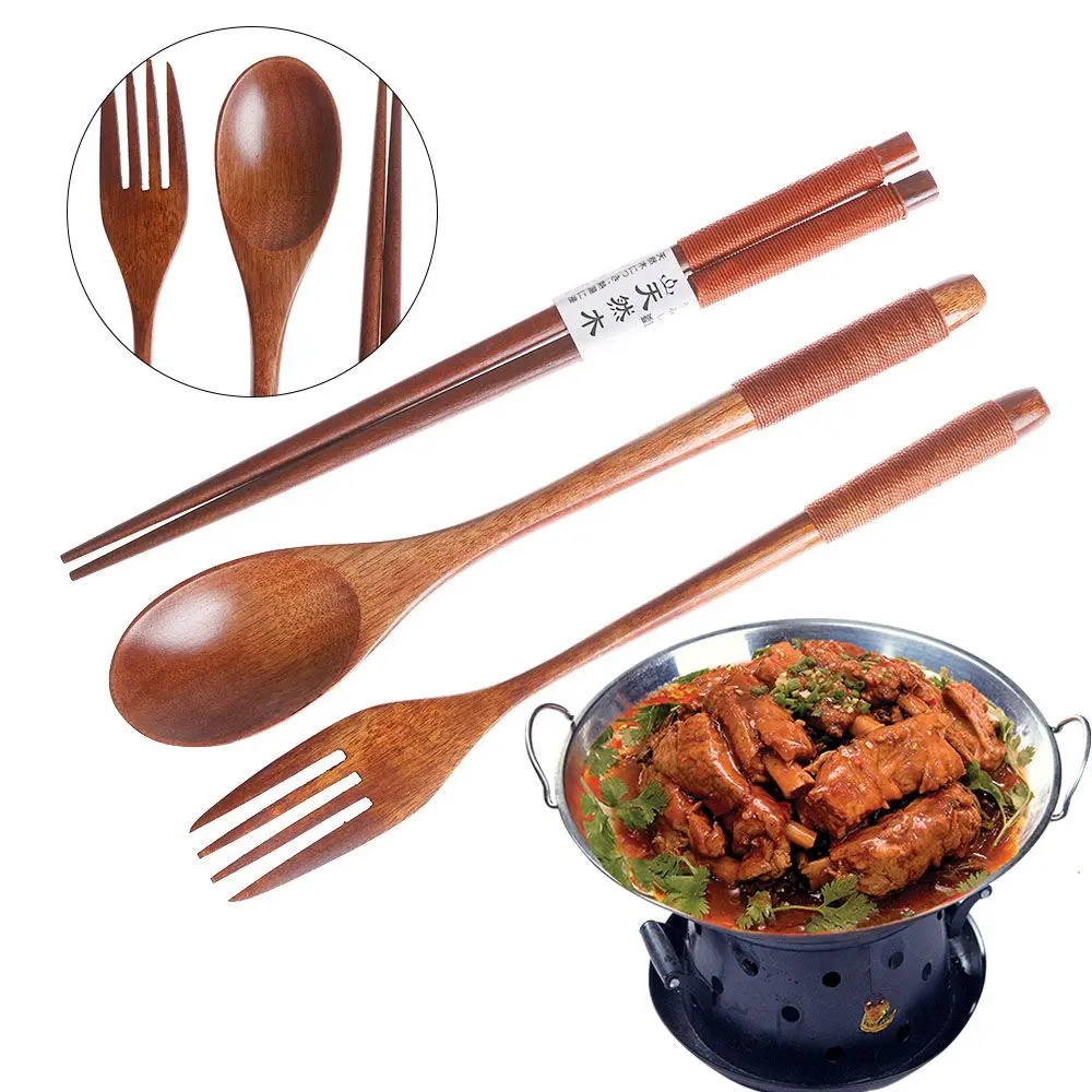 Travel Cutlery Set Handmade Spoon Fork Chopsticks Cloth Bag Wooden Natural