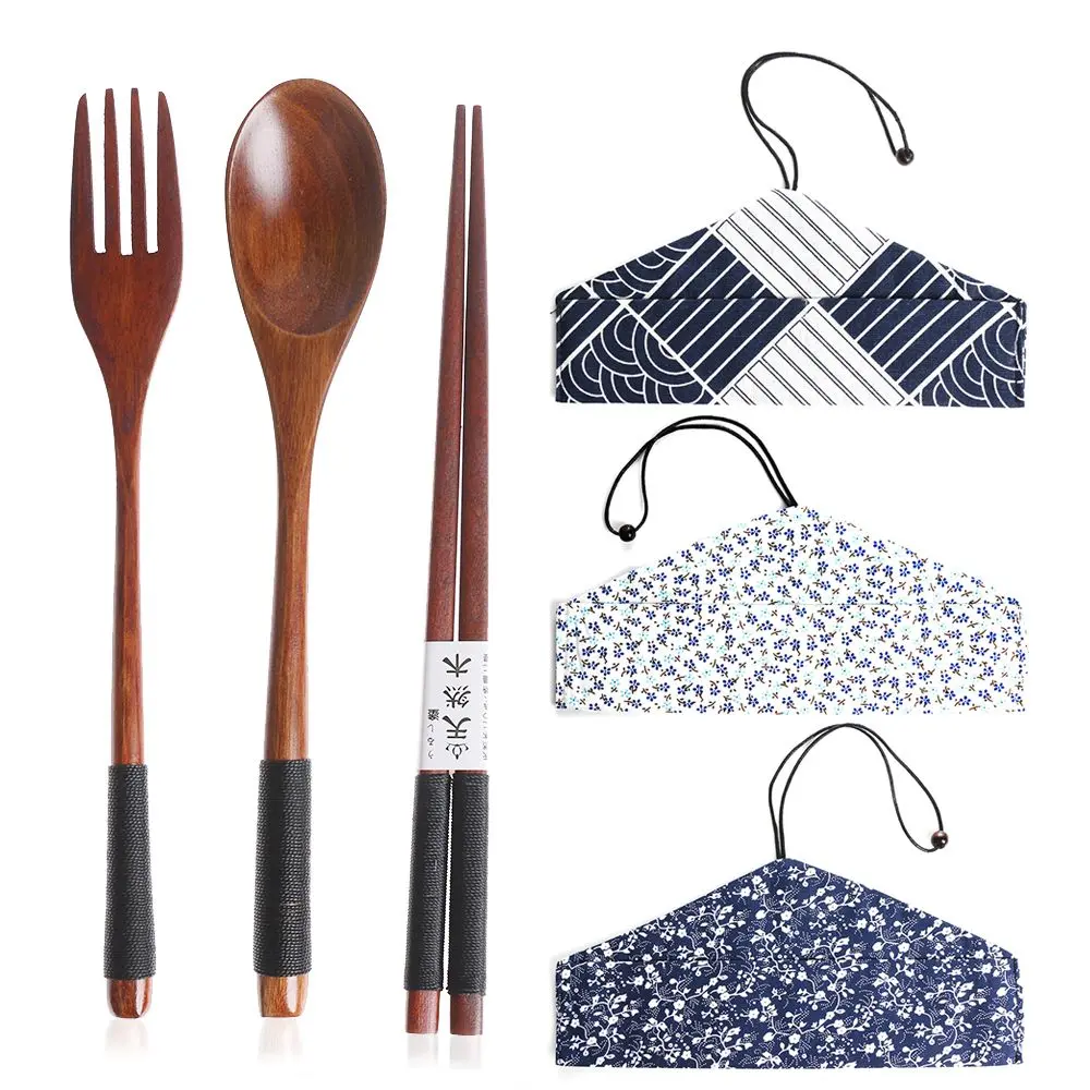 Travel Cutlery Set Handmade Spoon Fork Chopsticks Cloth Bag Wooden Natural