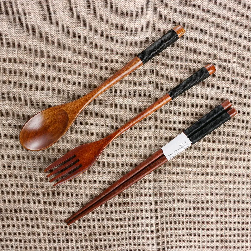 Travel Cutlery Set Handmade Spoon Fork Chopsticks Cloth Bag Wooden Natural