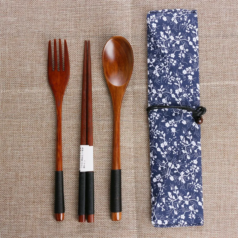 Travel Cutlery Set Handmade Spoon Fork Chopsticks Cloth Bag Wooden Natural