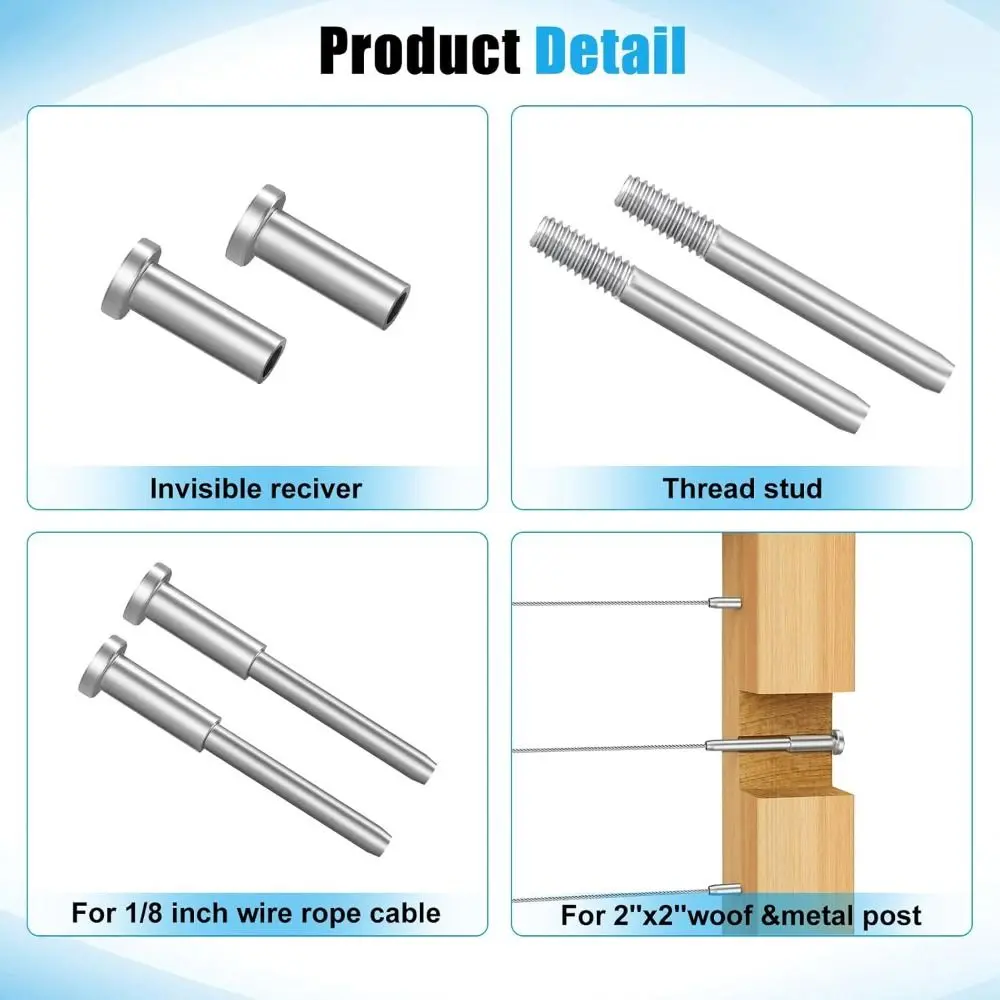New Invisible Cable Railing Receiver Stainless Steel 1/8" Swage Stud End Cable Railing End Wood/Metal Post