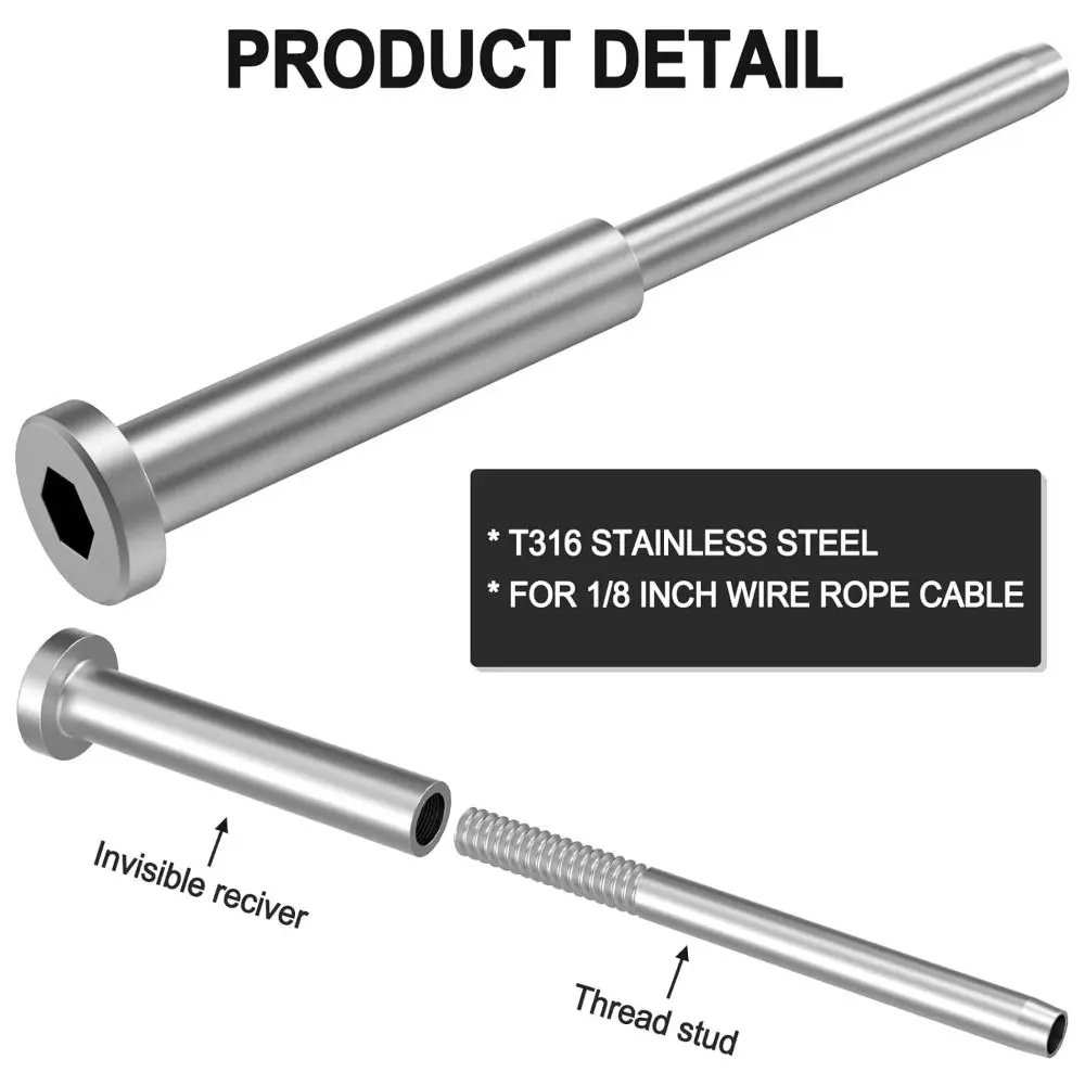 New Invisible Cable Railing Receiver Stainless Steel 1/8" Swage Stud End Cable Railing End Wood/Metal Post