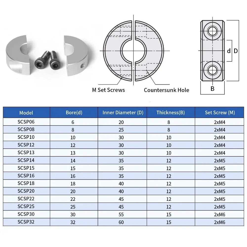 1Pcs Aluminum Alloy Fixed Locking Limit Ring 6-20mm Diameter Double Split Shaft Collar Separate Optical Axis with Screws