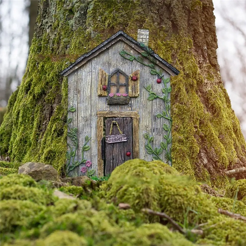 Lawn Ornament Decoration Yard Art Wooden Engraved Design Windows Door Figurines Fairy Door Miniature Fairy Gnome Garden Decor
