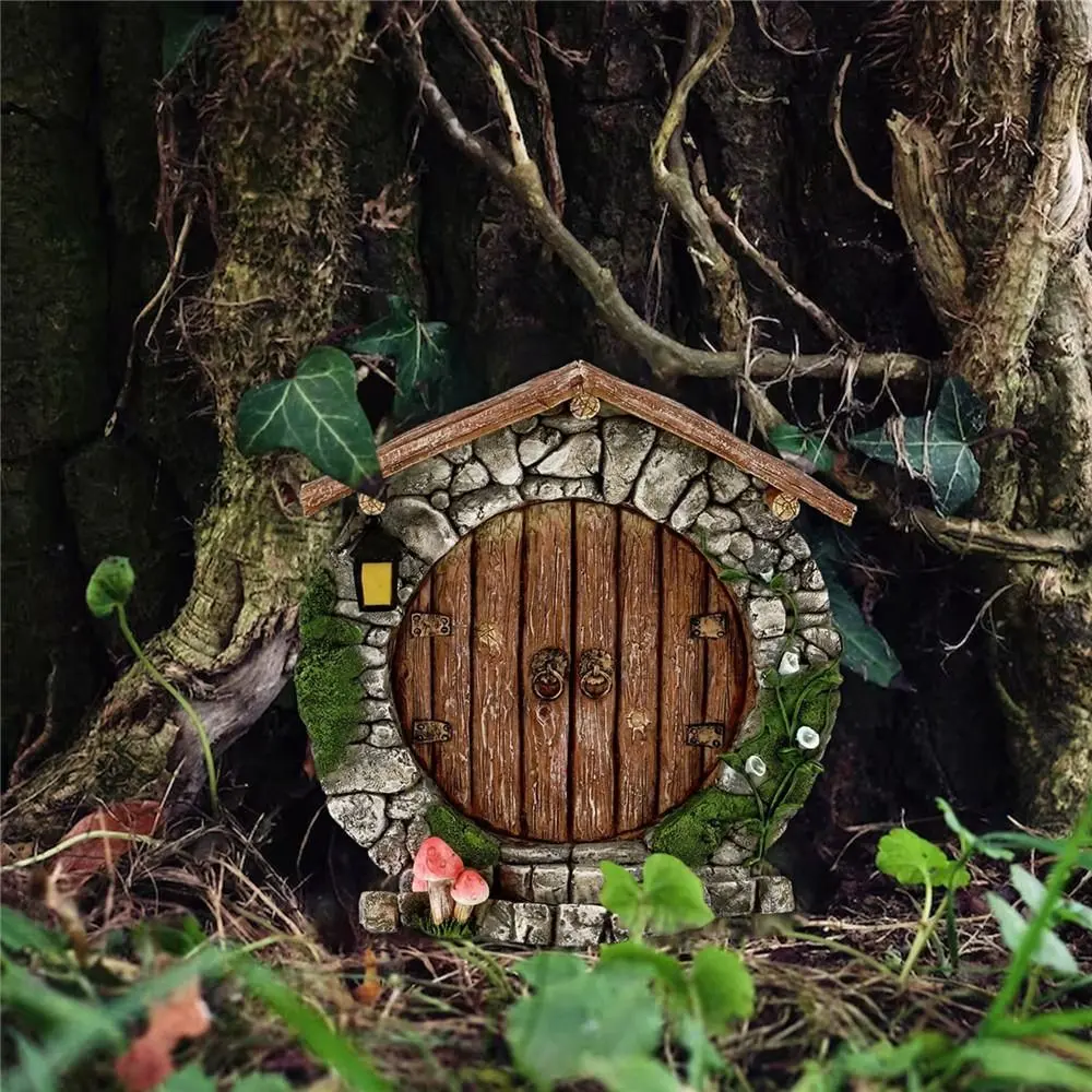 Lawn Ornament Decoration Yard Art Wooden Engraved Design Windows Door Figurines Fairy Door Miniature Fairy Gnome Garden Decor