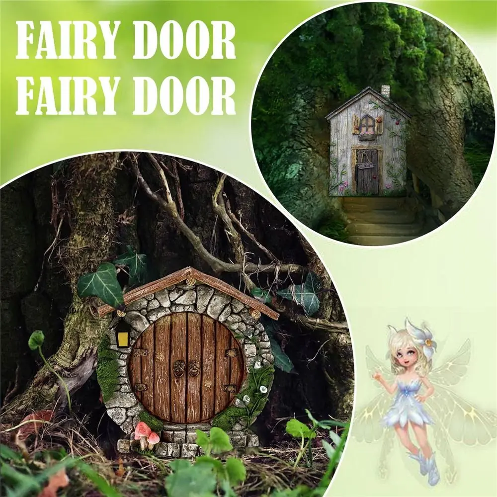 Lawn Ornament Decoration Yard Art Wooden Engraved Design Windows Door Figurines Fairy Door Miniature Fairy Gnome Garden Decor