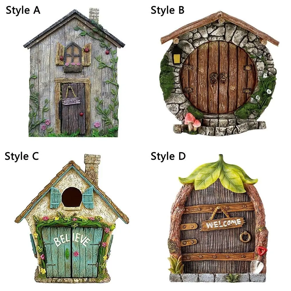 Lawn Ornament Decoration Yard Art Wooden Engraved Design Windows Door Figurines Fairy Door Miniature Fairy Gnome Garden Decor