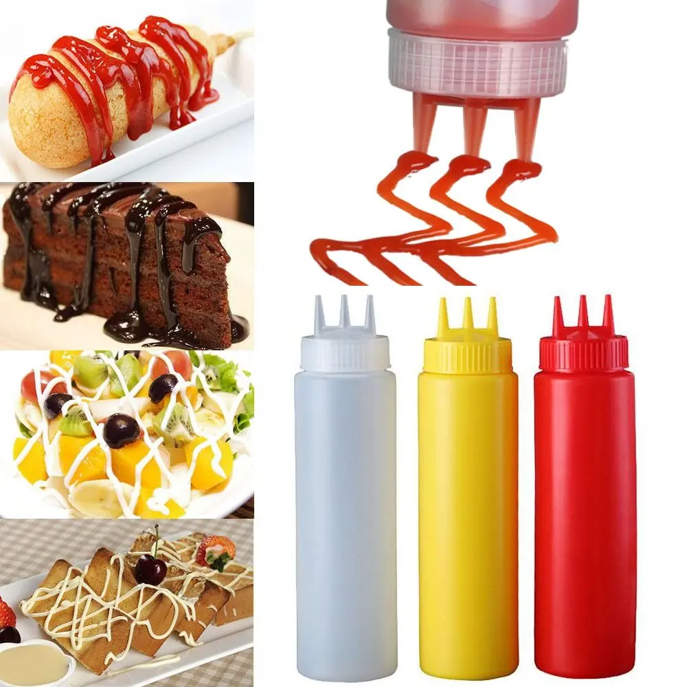 New Plastic Squeezing Sauce bottle 3 Nozzles Graduated Gravy Boats Reusable Tableware Squeeze Bottles