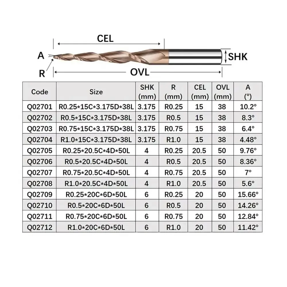 CNC 3D Carving Bits Solid Carbide Tapered Ball Nose End Mill Tapered Ball Nose Spiral Engraving Router Bits Endmill Woodworking