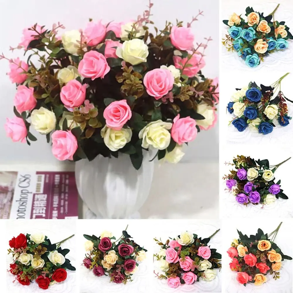 Multicolor Artificial Eucalyptus Rose 12 Heads Silk Lifelike Rose Flowers Floral Arrangement Photo Props