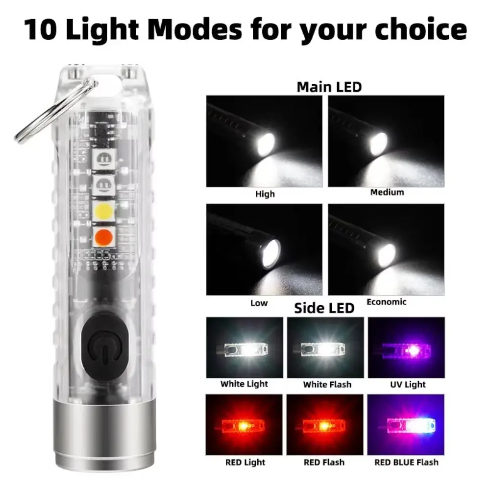 Multi-function Mini EDC LED Flashlight Portable Keychain Light MagneticTorch USB Rechargeable Uv Lamp Emergency Camping Lantern